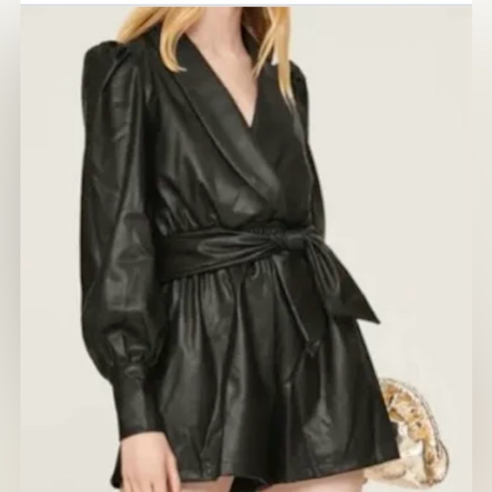 Black Faux Leather Wrap Romper with Tie Waist